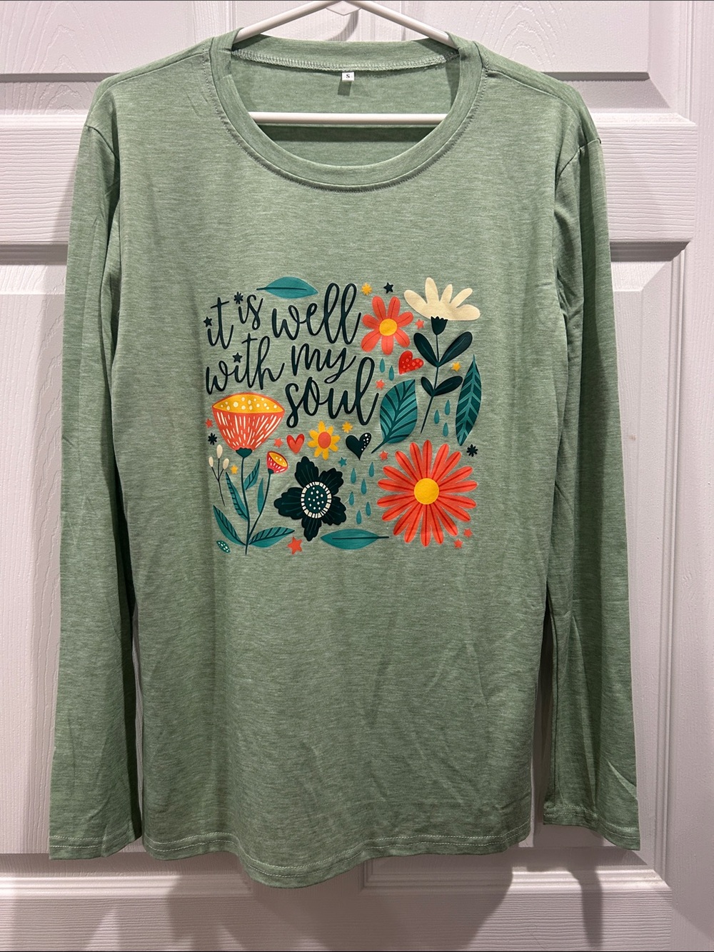 NWOT Green Floral Graphic Long Sleeve Tee - "It Is Well With My Soul"